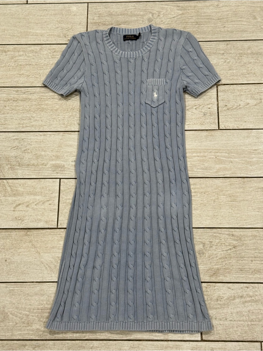 Polo Ralph Lauren Cable Knit Sweater Dress Short Sleeve Midi Light Blue Sz M